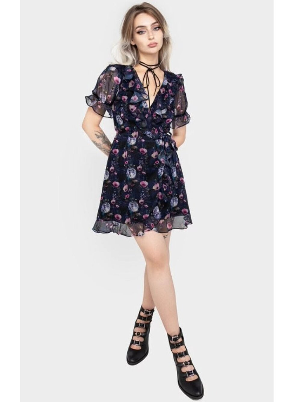 DISTURBIA Socordia floral whimsigoth moon print chiffon mini wrap dress